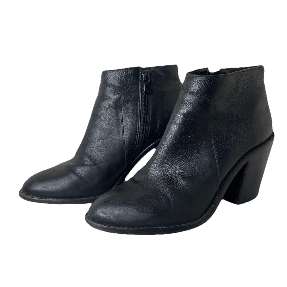 Loeffler Randall Black Leather Ankle Boot Stacked Heel Women Bootie Sz 8 Brazil